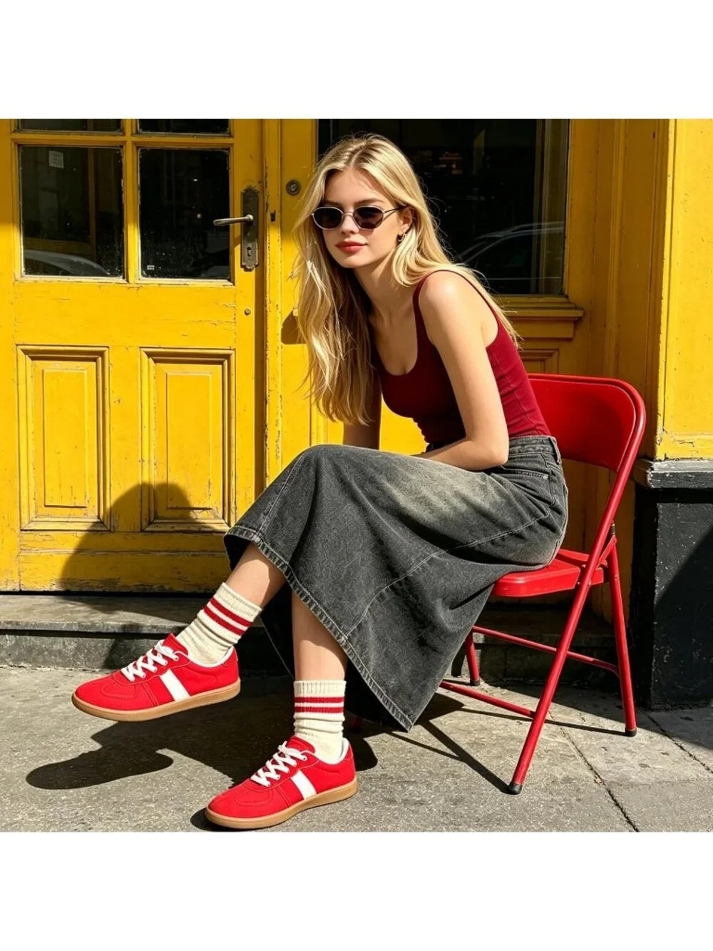 Women's Red Canvas Shoes Flat Pull On Round Toe Athletic Tennis Sneakers